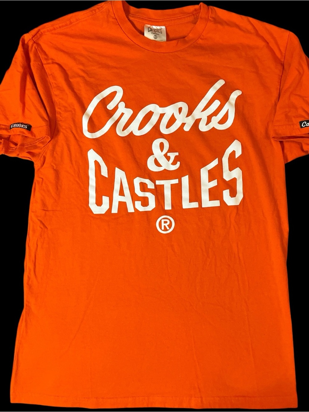 Crooks & Castles Orange Tee with White Script Logo Mens Medium!